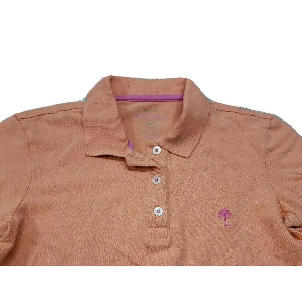 LILLY PULITZER Polo Shirt Orange Short Sleeve Palm Tree Logo Island XS X-Small